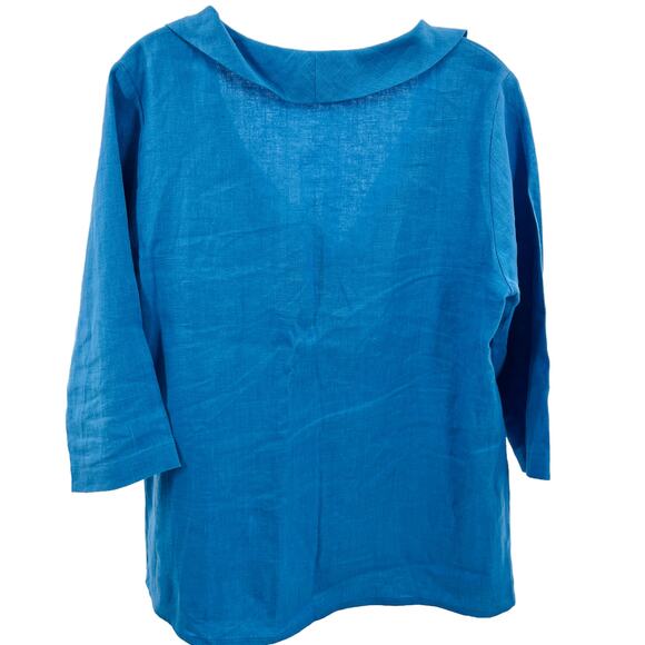 Christopher Calvin Blue Linen Ruffle V Neck 3/4 Sleeve Blouse Pullover Top S - Picture 2 of 8